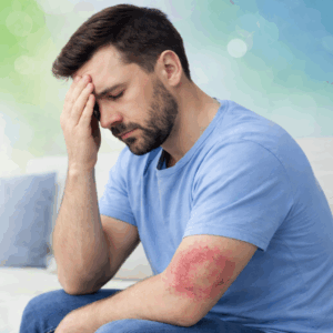Persona adulta sentada con gesto de malestar, sosteniendo la cabeza con la mano, y una erupción circular rojiza visible en el brazo, asociada a la enfermedad de Lyme.