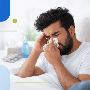 Persona adulta con rinitis alérgica, con la nariz enrojecida y expresión de malestar.