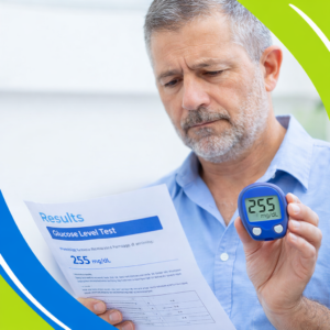 Persona con diabetes revisando sus estudios médicos mientras sostiene un glucómetro.