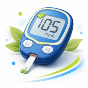 Glucómetro mostrando un nivel de glucosa de 105 mg/dL.