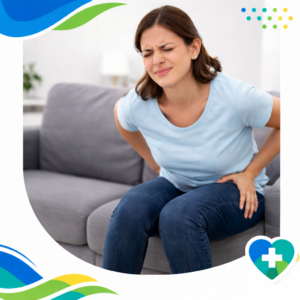 Mujer sentada en un sillón con gesto de dolor, llevando la mano a la zona lumbar y glútea, representando molestias asociadas a hemorroides.