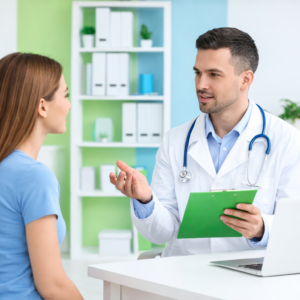 Consulta médica entre doctor y paciente en clínica, atención personalizada en ambiente profesional con tonos verdes y azules.