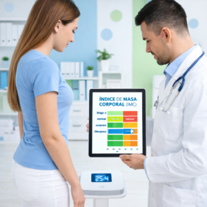 Evaluación de índice de masa corporal (IMC) en consulta médica, paciente sobre báscula digital con acompañamiento profesional en clínica.