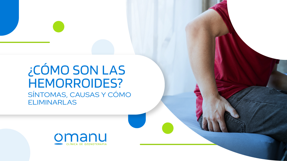 Persona sentada con molestias por hemorroides, representando dolor en la zona anal junto al texto informativo sobre síntomas y causas.