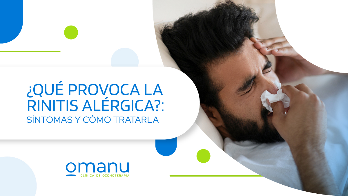 Imagen informativa sobre rinitis alérgica: hombre recostado con expresión de malestar, sosteniendo un pañuelo en la nariz.