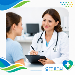 Doctora en consulta médica conversando con una paciente en un consultorio clínico.