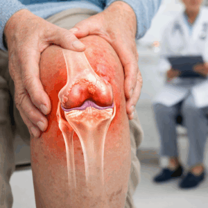 La artritis causa inflamación, dolor y desgaste del cartílago. Imagen ilustrativa de artritis en la rodilla que muestra inflamación y deterioro del cartílago articular.