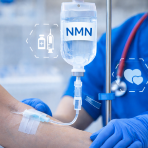 Aplicación intravenosa de NMN en clínica médica para terapia antienvejecimiento y aumento de NAD+.