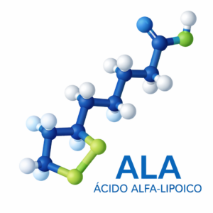 Ilustración 3D de la estructura molecular del ácido alfa-lipoico (ALA).
