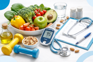 Imagen médica con alimentos saludables, glucómetro marcando 95 mg/dL, estetoscopio y mancuernas, concepto de prevención y control de la diabetes tipo 2 con hábitos saludables.