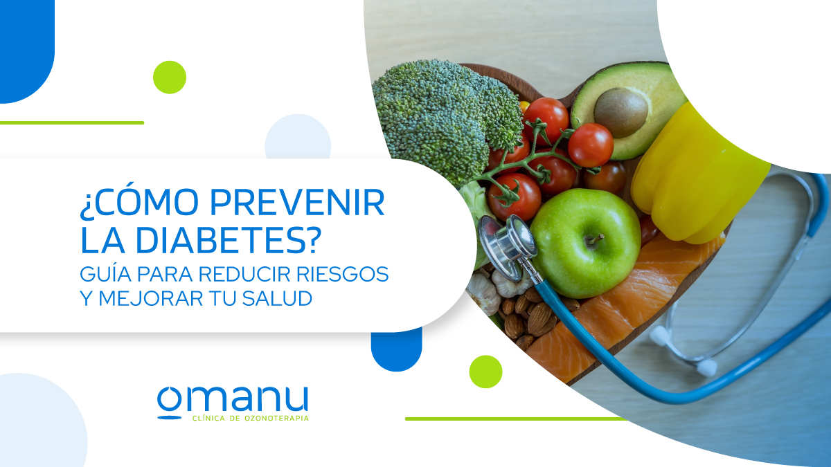 Alimentos saludables como brócoli, aguacate, manzana, salmón y frutos secos junto a un estetoscopio, imagen sobre cómo prevenir la diabetes y reducir el riesgo con alimentación balanceada.