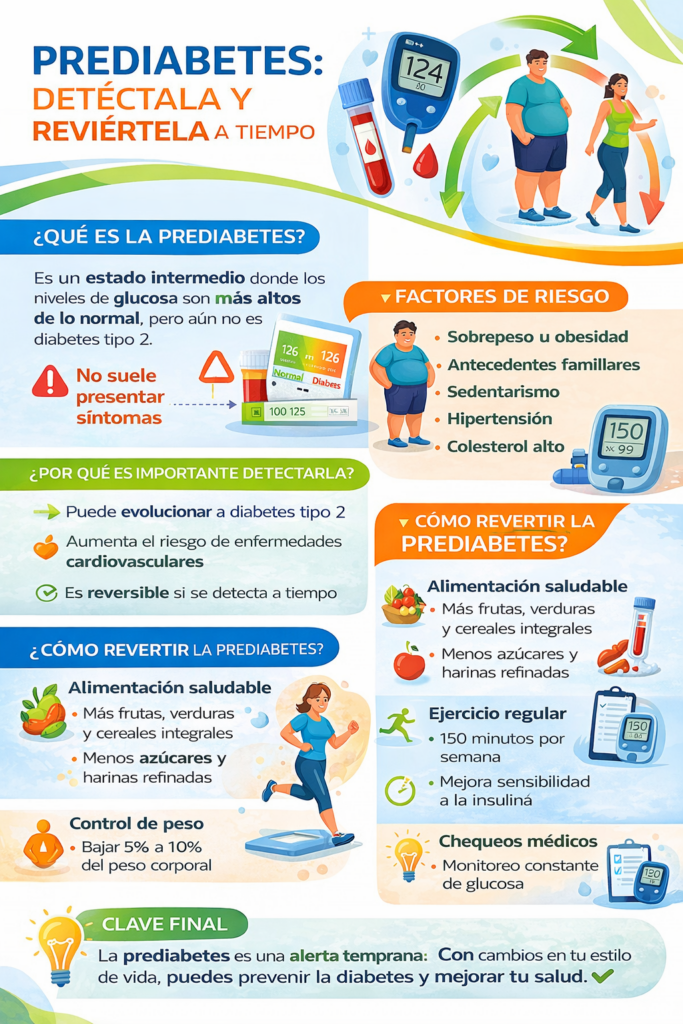Infografía sobre prediabetes con definición factores de riesgo y recomendaciones para revertirla con alimentación ejercicio y control de glucosa