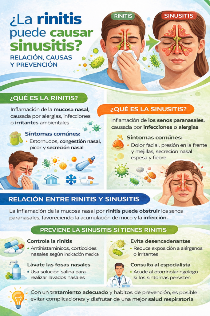 Infografía sobre la relación entre rinitis y sinusitis con causas síntomas y prevención de complicaciones respiratoriasInfografía sobre la relación entre rinitis y sinusitis con causas síntomas y prevención de complicaciones respiratorias