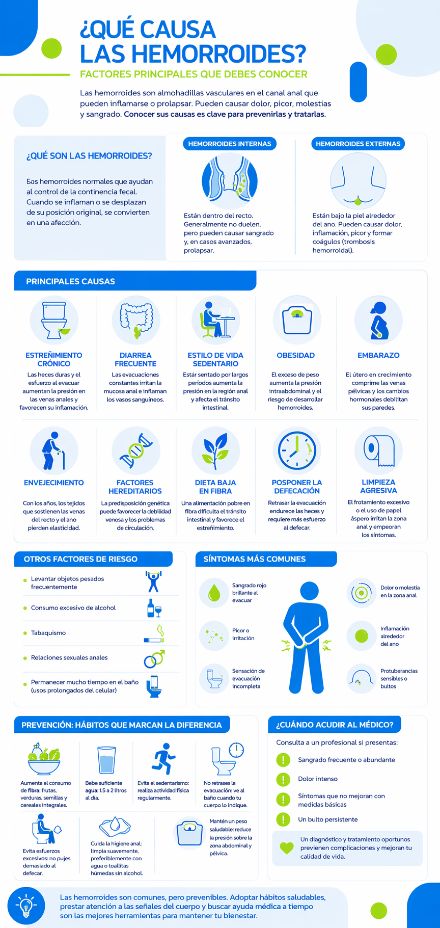 Infografía sobre qué causa las hemorroides, síntomas, factores de riesgo y prevención con hábitos saludables como dieta rica en fibra, ejercicio y buena higiene anal