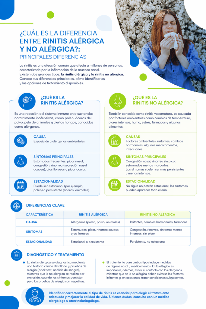 Infografía sobre diferencias entre rinitis alérgica y no alérgica: causas, síntomas, estacionalidad y tratamiento explicado de forma comparativa