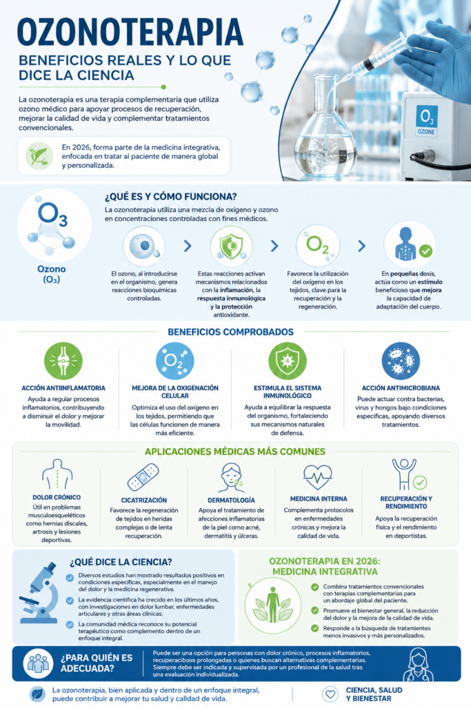 Infografía médica sobre ozonoterapia con información sobre sus beneficios, funcionamiento, aplicaciones médicas y respaldo científico. Incluye ilustraciones de oxígeno, laboratorio clínico, sistema inmunológico y recuperación física.