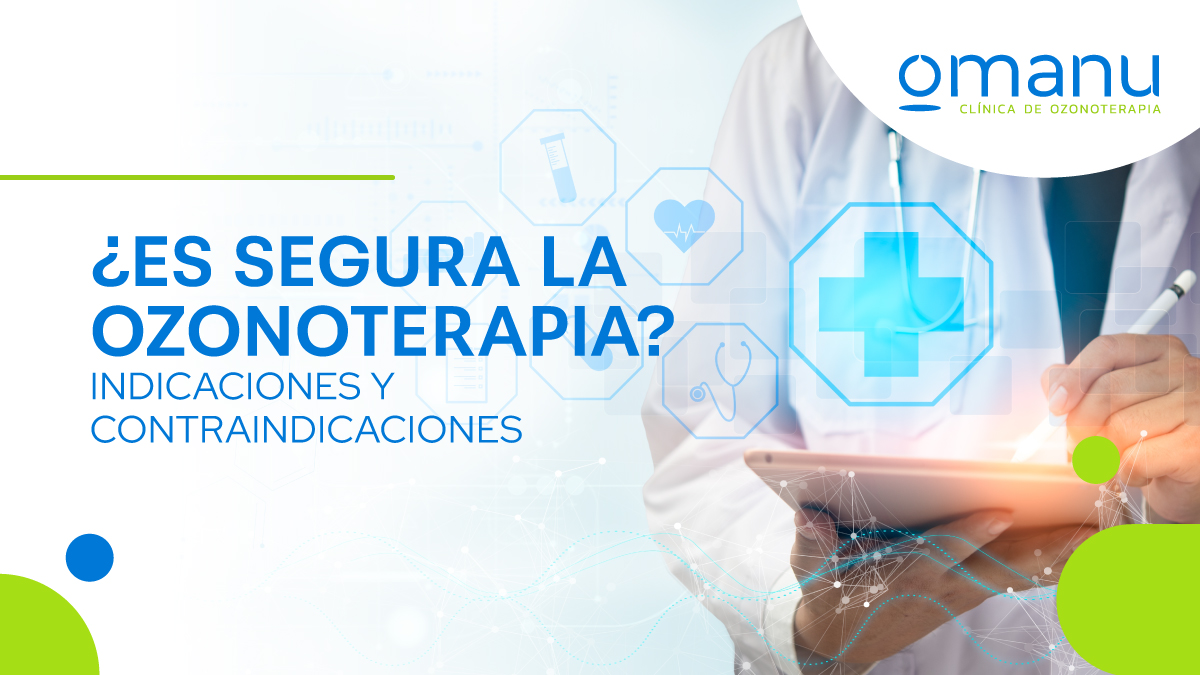 ¿Es segura la ozonoterapia? Médico utilizando una tablet en entorno clínico con iconos de salud digital que ilustran las indicaciones y contraindicaciones de la ozonoterapia.