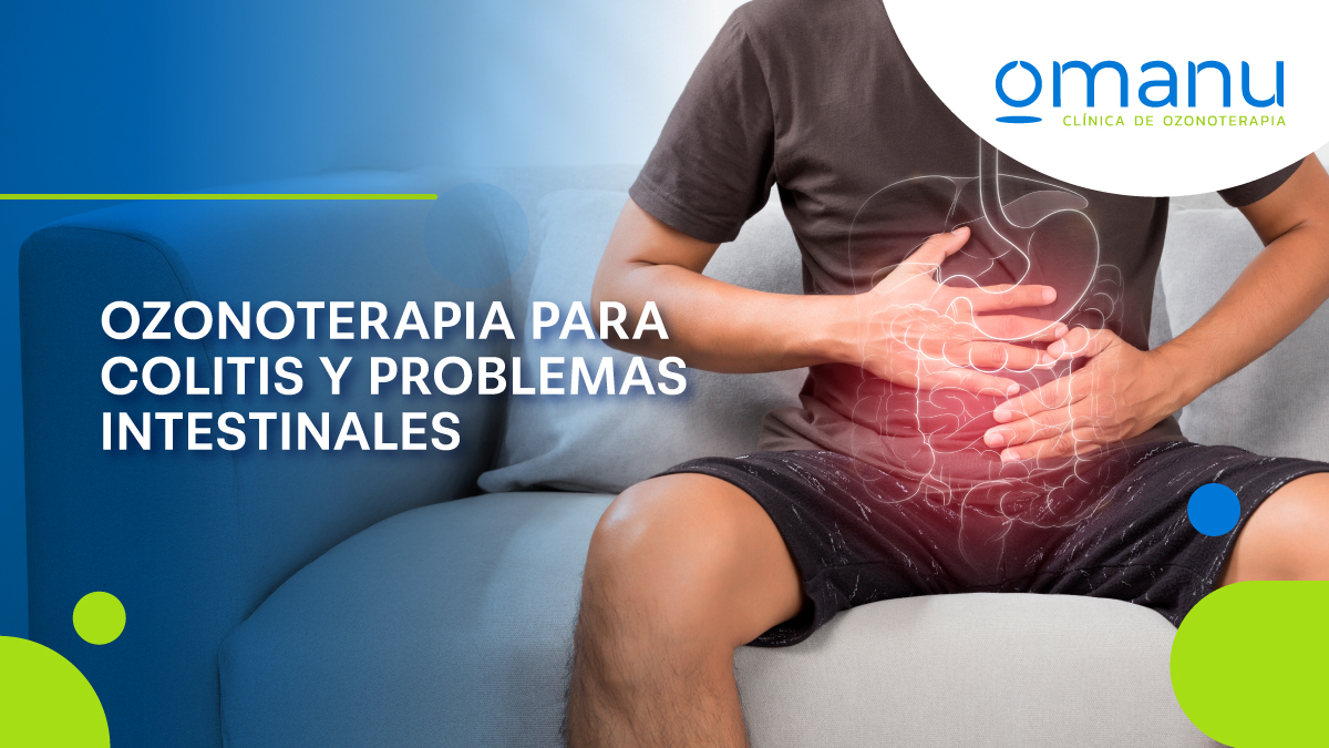 Paciente con dolor abdominal sosteniendo el estómago, representación del sistema digestivo y tratamiento con ozonoterapia para colitis y problemas intestinales.