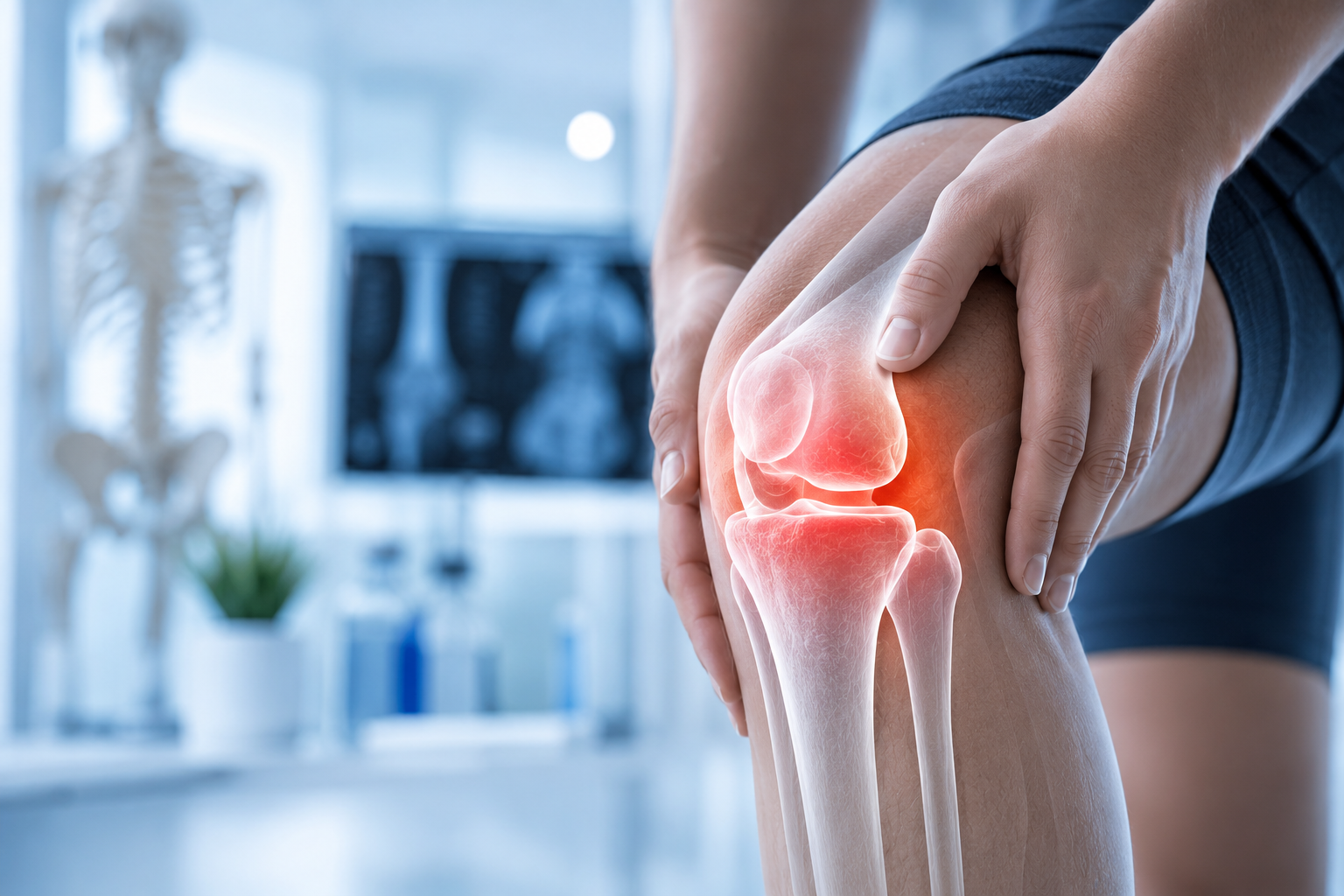 Ilustración médica de una rodilla con inflamación articular, mostrando el área afectada para representar la artritis y el dolor en las articulaciones.