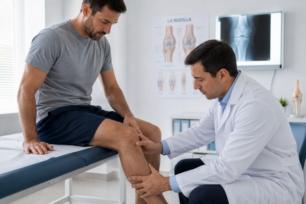 Médico evaluando la rodilla de un paciente durante una consulta.