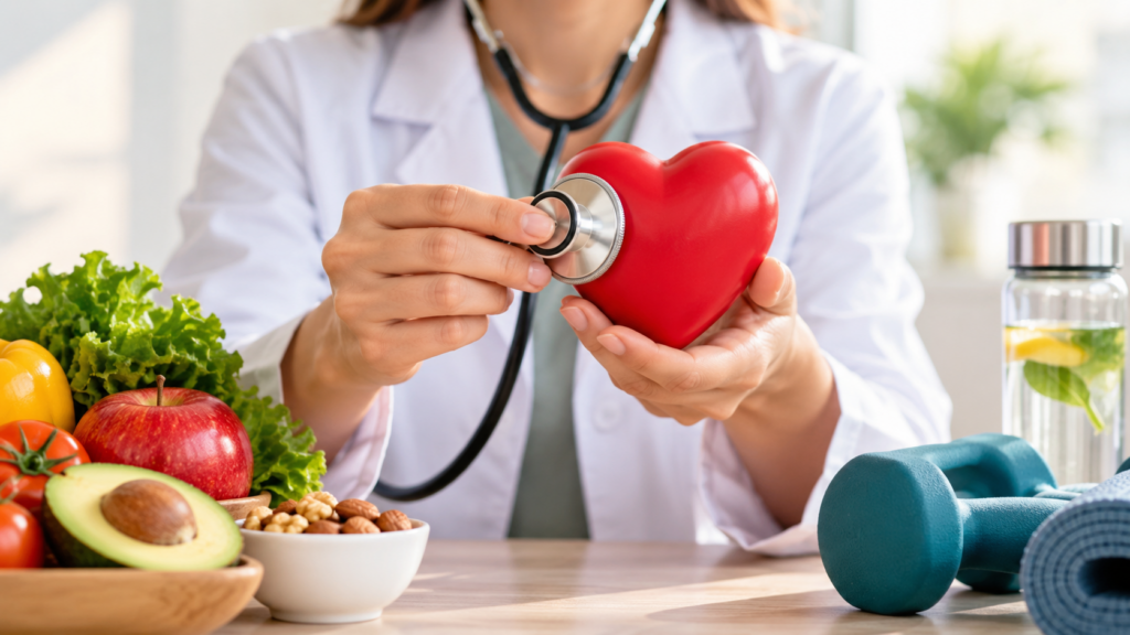 Médico revisando un corazón junto a alimentos saludables y equipo de ejercicio.
