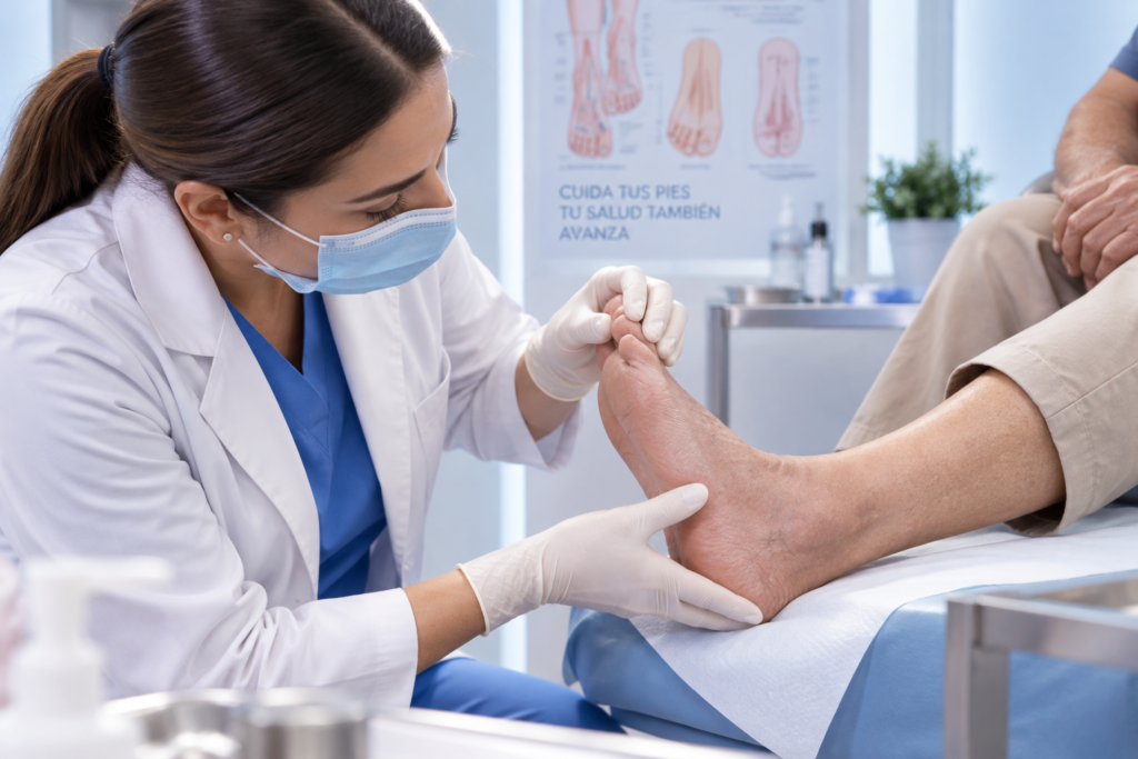 Profesional de salud revisando el pie de una persona con diabetes durante una consulta.