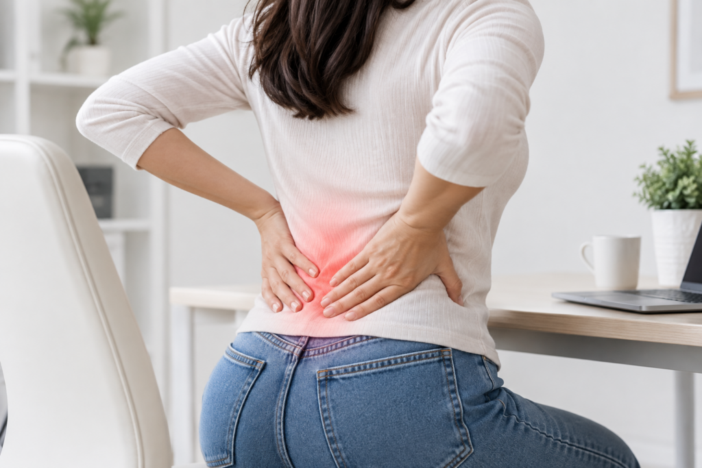 Persona con dolor lumbar en la parte baja de la espalda.